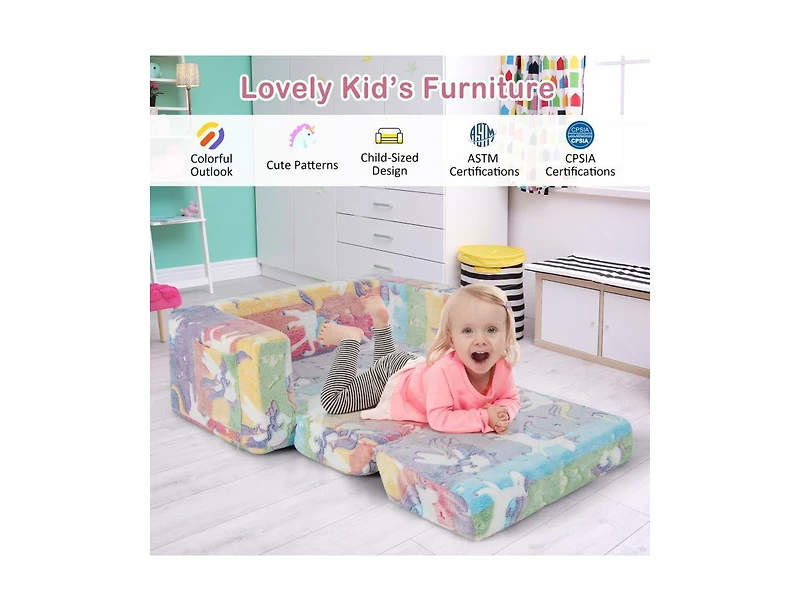 2-in-1 Flip Out Kids Sofa Chair with Detachable Flannel Fabric Cover and Glowing Patterns