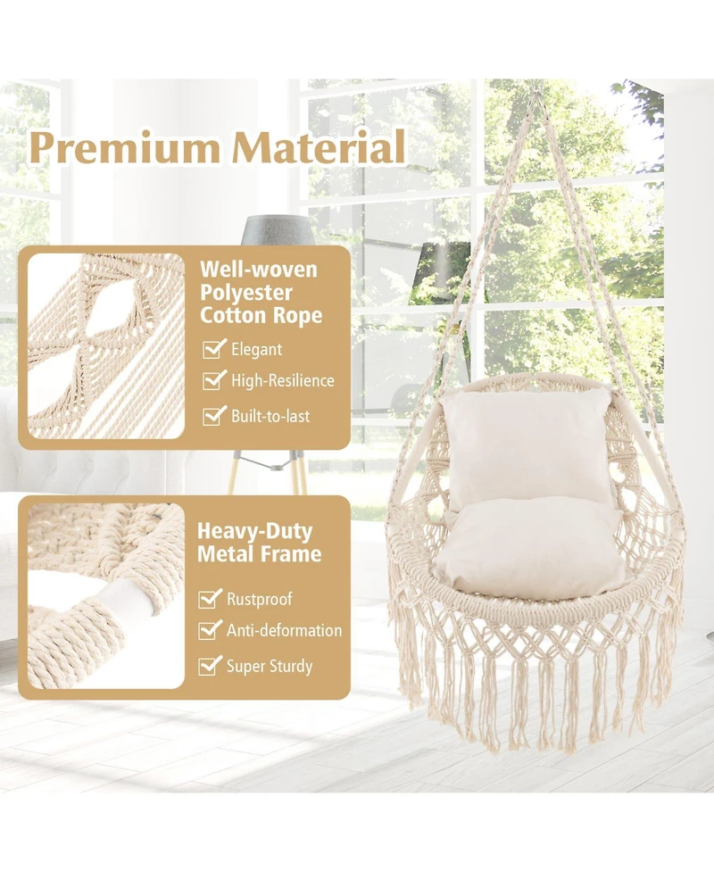 Slickblue Hanging Hammock Chair with Soft Seat Cushions and Sturdy Rope Chain-Beige