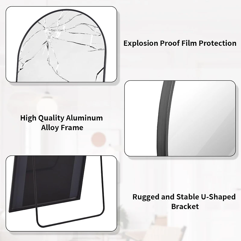 Homlux 64"x21" Arched Full-Length Mirror with Black Aluminum Alloy Frame, Rounded Corners, Standing, Hanging, Leaning