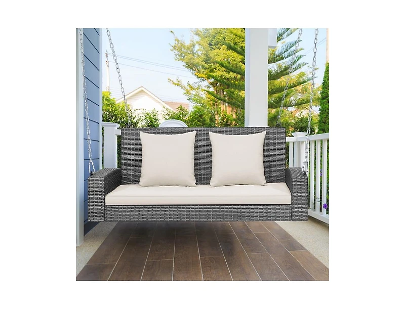 Slickblue 2-Person Patio Pe Wicker Hanging Porch Swing Bench Chair Cushion 800 Pounds