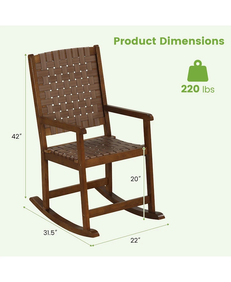 Slickblue Patio Wood Rocking Chair with Pu Seat and Rubber Wood Frame-Brown