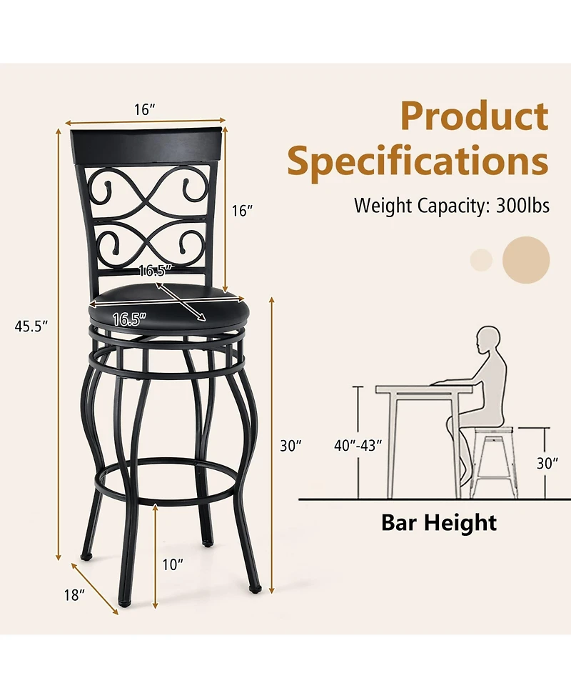 Set of 2 30 Inch Bar Stool with Backrest and Footrest