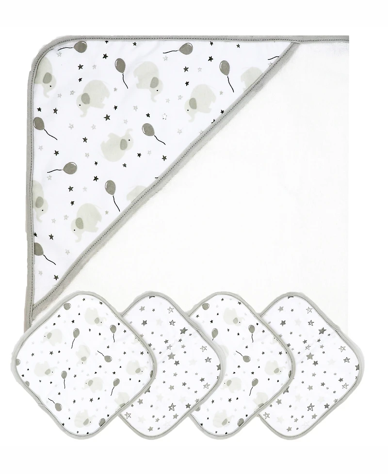 Tendertyme Baby Boys and Baby Girls Elephant and Balloons Hooded Bath Towel and Wash Cloth Set