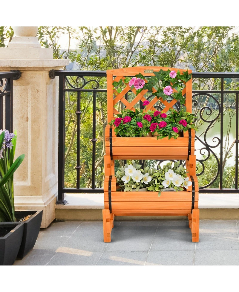 2-Tier Raised Garden Bed with 2 Cylindrical Planter Boxes and Trellis
