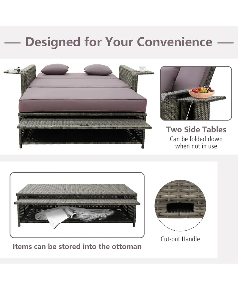 Wicker Loveseat Sofa with Multipurpose Ottoman and Retractable Side Tray