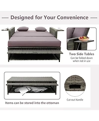 Wicker Loveseat Sofa with Multipurpose Ottoman and Retractable Side Tray