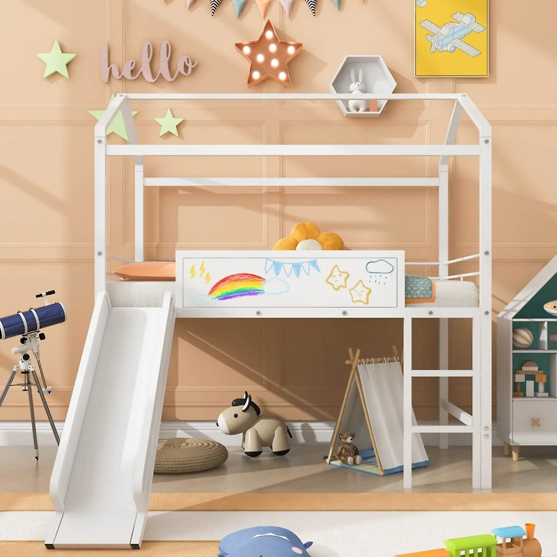 Simplie Fun Metal House Bed With Slide, Twin Loft Two-Sided Writable Wooden Board