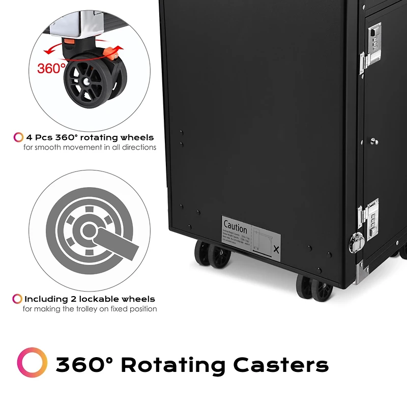 Byootique Aluminum Rolling Makeup Train Case with Table Salon Nail Trolley Cosmetic Organizer Black