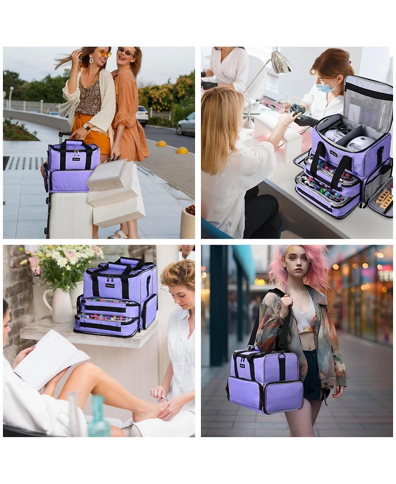 Byootique Double Layer Nail Polish Carrying Case Nail Organizer With 2 Removable Transparent Bags For Manicurists Nail Technicians Makeup Artists,Purp