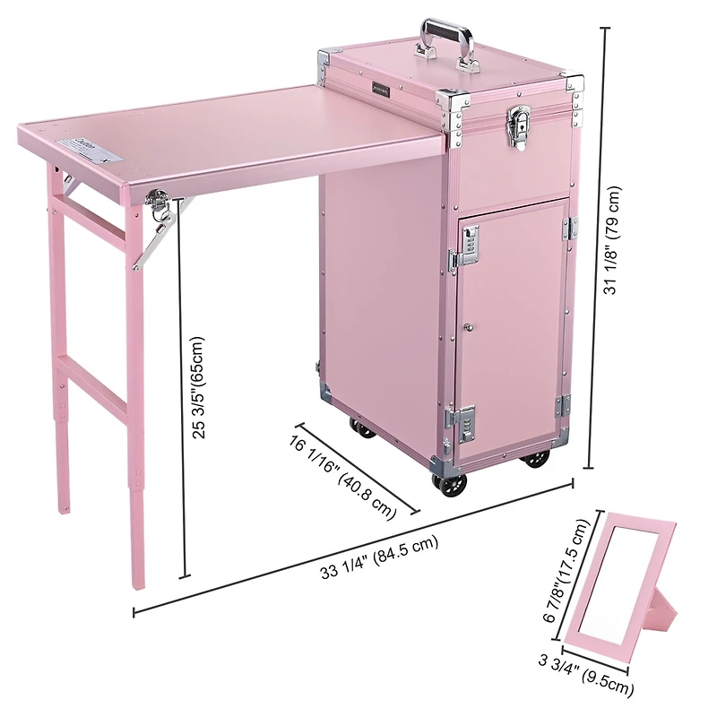 Byootique Aluminum Rolling Makeup Train Case with Table Salon Nail Trolley Cosmetic Organizer Black