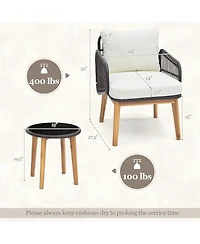 Slickblue 3 Pieces Patio Furniture Set with Cushioned Chairs and Tempered Glass Side Table-Black