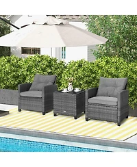 3 Pieces Outdoor Wicker Conversation Set with Tempered Glass Tabletop-Gray