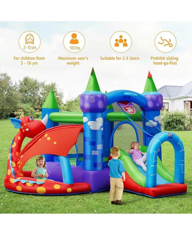Kids Inflatable Bounce House Dragon Jumping Slide Bouncer Castle with 740W Blower