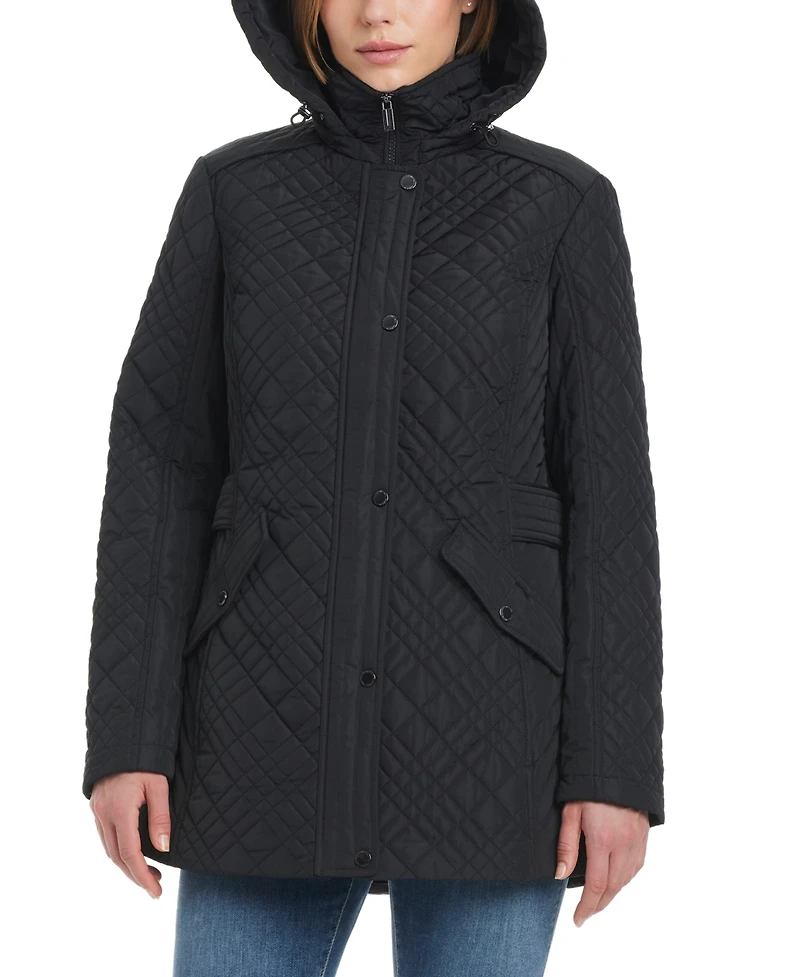 Jones New York Women's Hooded Stand-Collar Quilted Coat