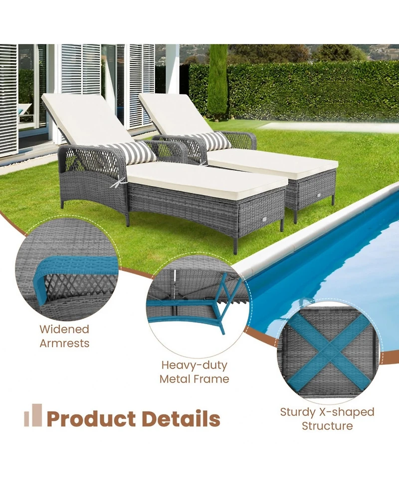 Inolait Outdoor Chaise Lounge Chair Recliner with 6-Level Backrest Cushion and Pillow