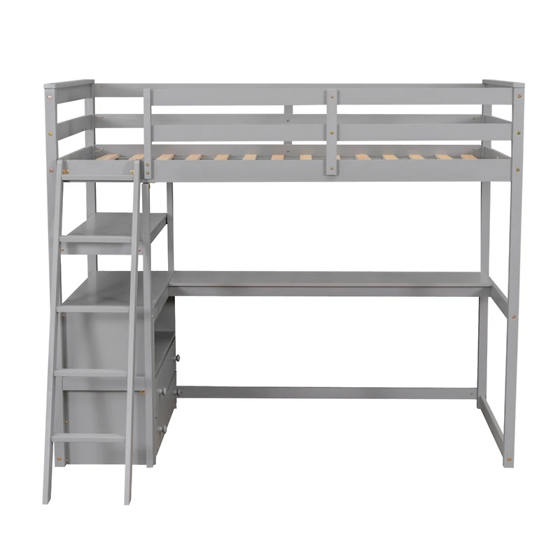Simplie Fun Twin Loft Bed With Desk And Shelves, Two Built-In Drawers