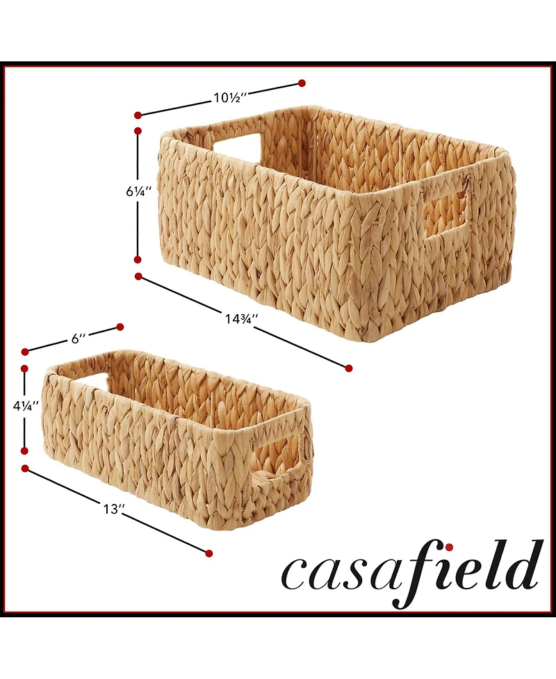 Casafield Water Hyacinth Storage Basket Set for Shelves - 1-Large, 2-Small - Woven Storage Bin Organizers with Handles - Natural