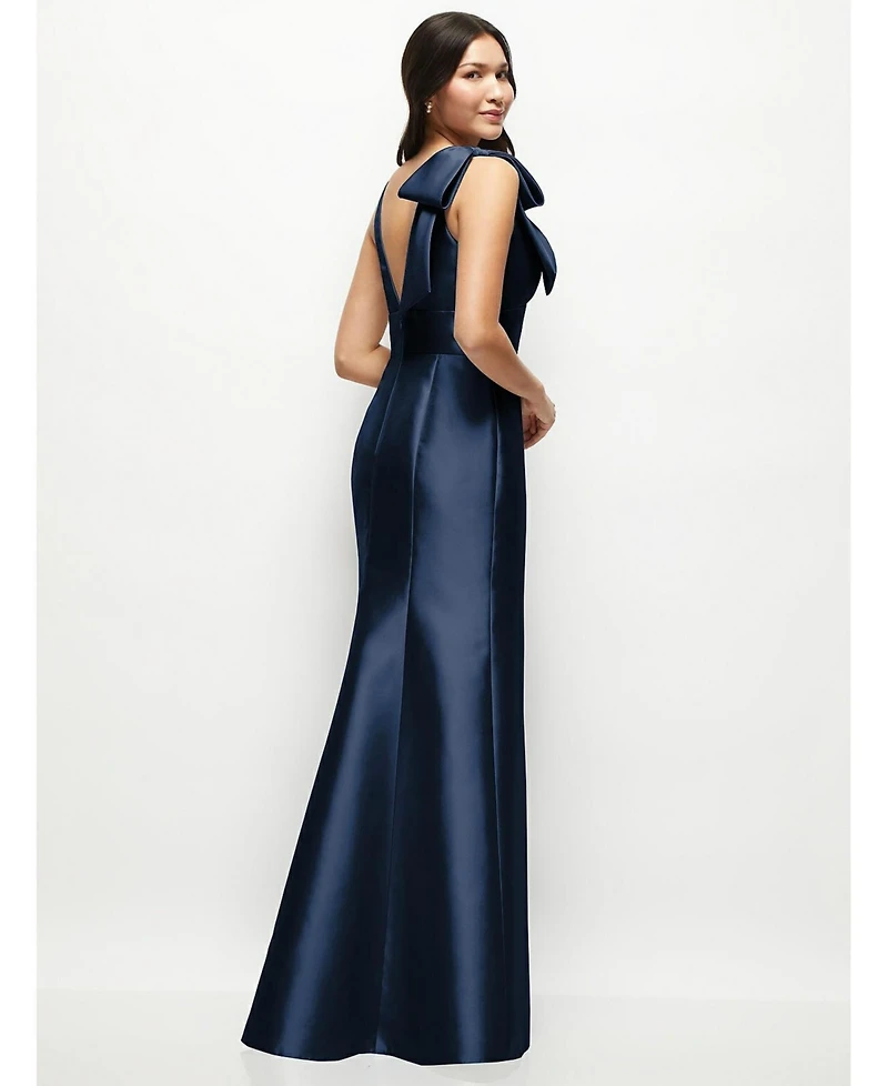 Alfred Sung Women's Deep V-back Satin Trumpet Dress with Cascading Bow at One Shoulder