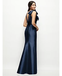 Alfred Sung Women's Deep V-back Satin Trumpet Dress with Cascading Bow at One Shoulder