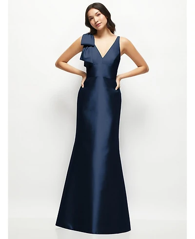 Alfred Sung Women's Deep V-back Satin Trumpet Dress with Cascading Bow at One Shoulder