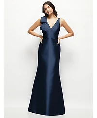 Alfred Sung Women's Deep V-back Satin Trumpet Dress with Cascading Bow at One Shoulder