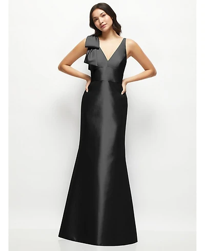 Alfred Sung Women's Deep V-back Satin Trumpet Dress with Cascading Bow at One Shoulder