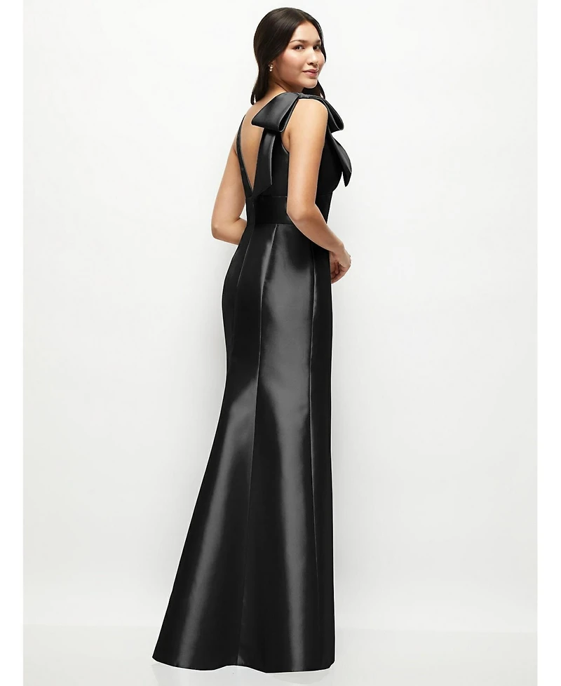 Alfred Sung Women's Deep V-back Satin Trumpet Dress with Cascading Bow at One Shoulder