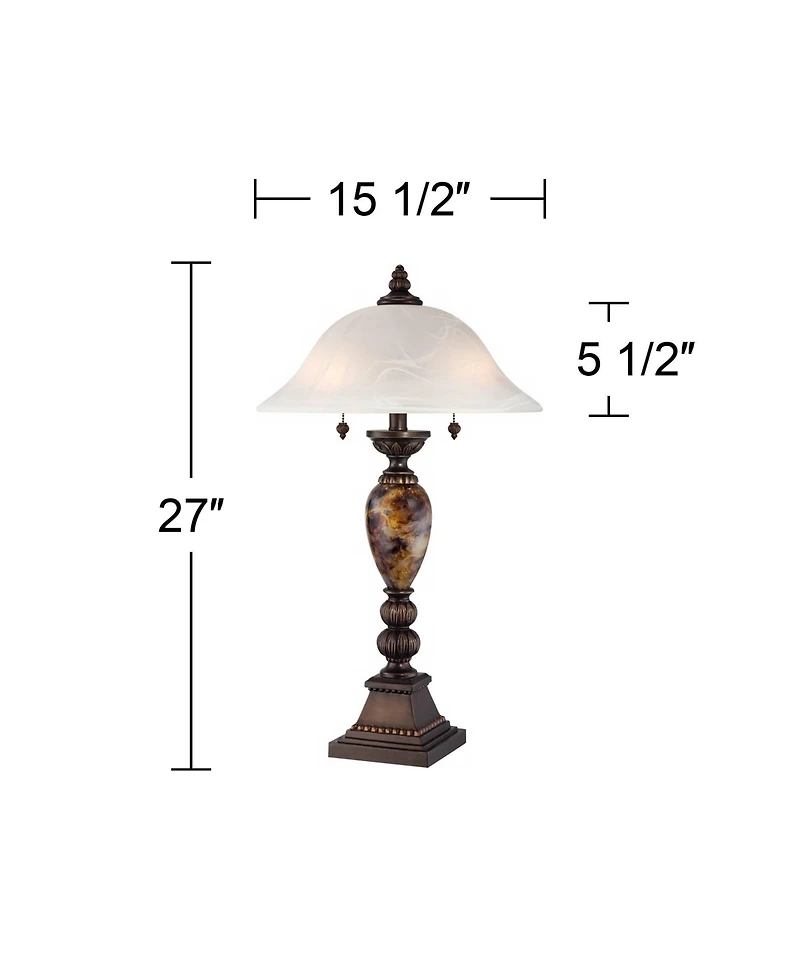 Mulholland Traditional Vintage like Table Lamp 27" Tall Aged Bronze Faux Marble White Alabaster Glass Dome Shade for Living Room Bedroom House Bedside