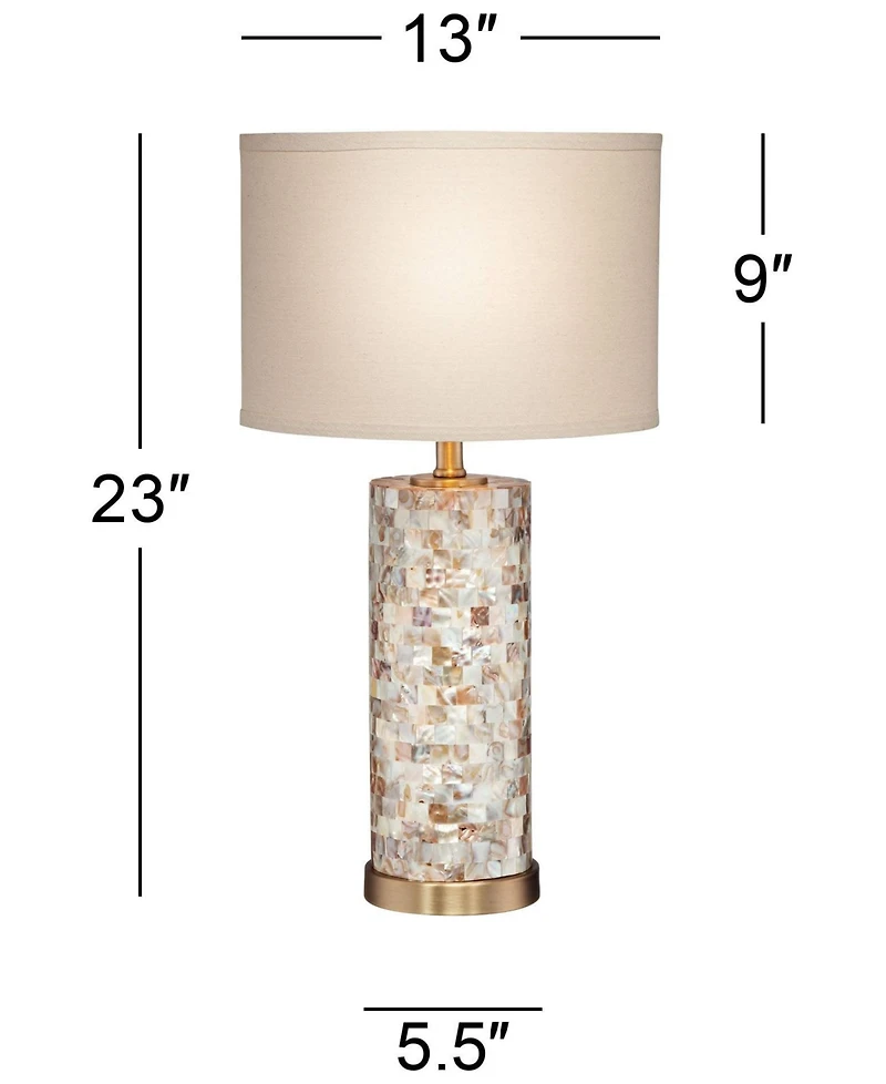 Margaret Coastal Accent Table Lamp 23" High Mother of Pearl Tile Cylinder Glass Cream Linen Fabric Drum Shade for Living Room Bedroom Beach House