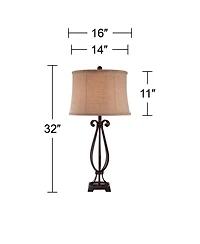 Regency Hill Taos Traditional Table Lamp 32" Tall Iron Open Scroll Base Neutral Burlap Shade for Bedroom Living Room Bedside Nightstand Office Ki