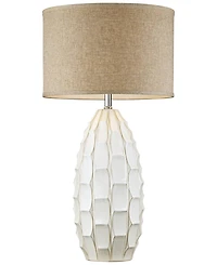 Cosgrove Mid Century Modern Coastal Table Lamp 32.75" Tall Ceramic White Handcrafted Beige Fabric Drum Shade Decor for Living Room Bedroom House Bedsi