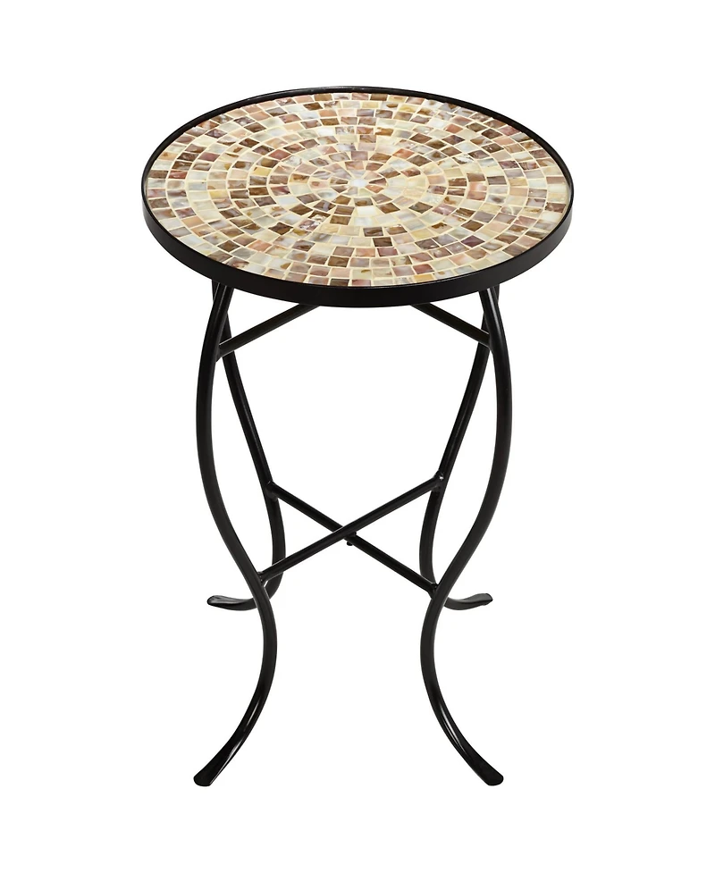 Mother of Pearl Modern Black Metal Round Outdoor Accent Side Tables 14" Wide Set of 2 Natural Mosaic Tile Tabletop Curved Legs for Spaces Porch P