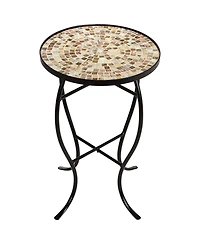 Mother of Pearl Modern Black Metal Round Outdoor Accent Side Tables 14" Wide Set of 2 Natural Mosaic Tile Tabletop Curved Legs for Spaces Porch P