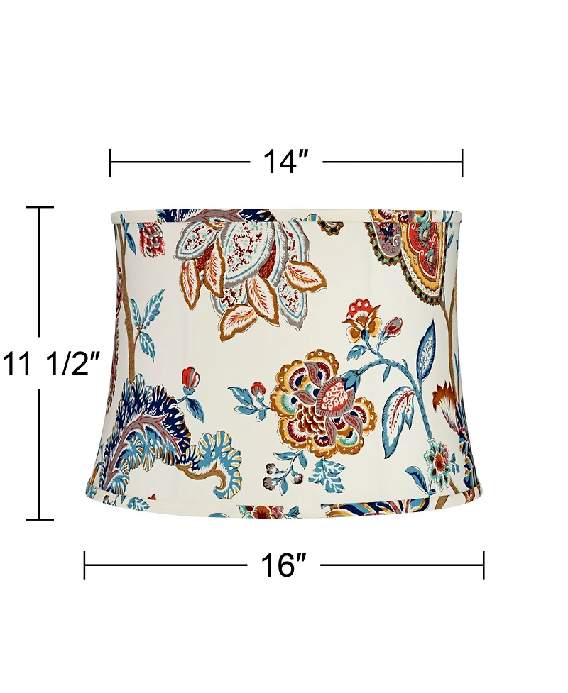 Springcrest White with Paisley Print Medium Drum Lamp Shade 14" Top x 16" Bottom x 11.5" High (Spider) Replacement with Harp and Finial
