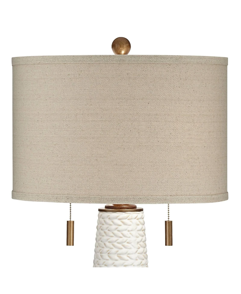 Possini Euro Design Kingston Modern Mid Century Table Lamp 32 3/4" Tall White Grooved Patterned Ceramic Taupe Drum Shade for Bedroom Living Room