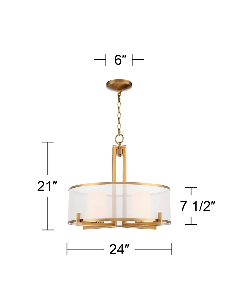 Possini Euro Design Antique Brass Pendant Chandelier 24" Wide Modern Drum Shade 4-Light Fixture for Dining Room House Living Room