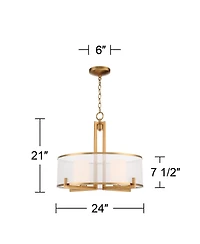 Possini Euro Design Antique Brass Pendant Chandelier 24" Wide Modern Drum Shade 4-Light Fixture for Dining Room House Living Room