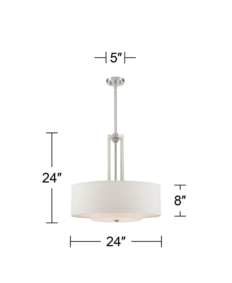 Adriana Brushed Nickel Finish Pendant Light 24" Wide Modern Glass Off White Linen Drum Shade 4-Light Fixture for Dining Room House Bedroom Kitche