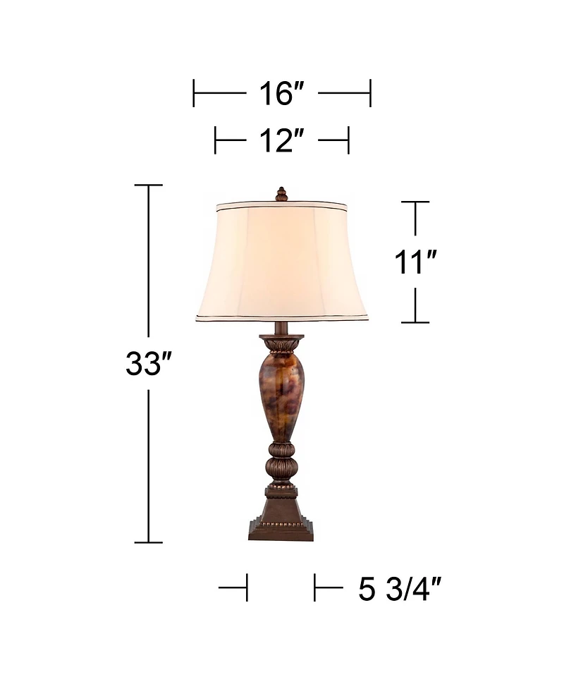 Mulholland Traditional Vintage like Table Lamp 33" Tall Aged Bronze Golden Faux Marble Off White Bell Shade for Living Room Bedroom House Bedside