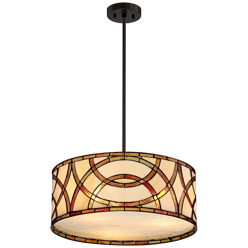 Robert Louis Tiffany Circles Bronze Pendant Chandelier 20" Wide Farmhouse Rustic Art Glass 3-Light Fixture for Dining Room House