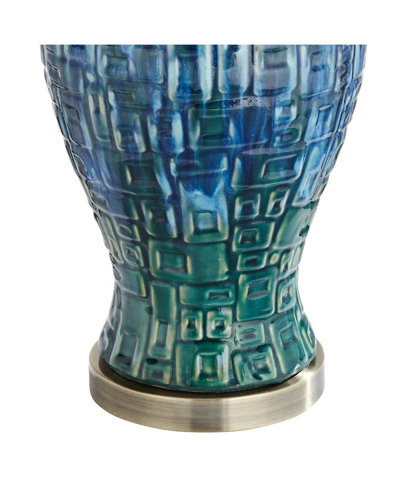 Asian Modern Table Lamp 27" Tall Teal Glaze Textured Ceramic Temple Jar White Tapered Drum Shade for Bedroom Living Room House Home Bedside Night