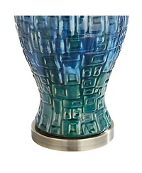 Asian Modern Table Lamp 27" Tall Teal Glaze Textured Ceramic Temple Jar White Tapered Drum Shade for Bedroom Living Room House Home Bedside Night