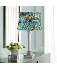Springcrest Peacock Print Medium Drum Lamp Shade 14" Top x 16" Bottom x 11" Slant (Spider) Replacement with Harp and Finial