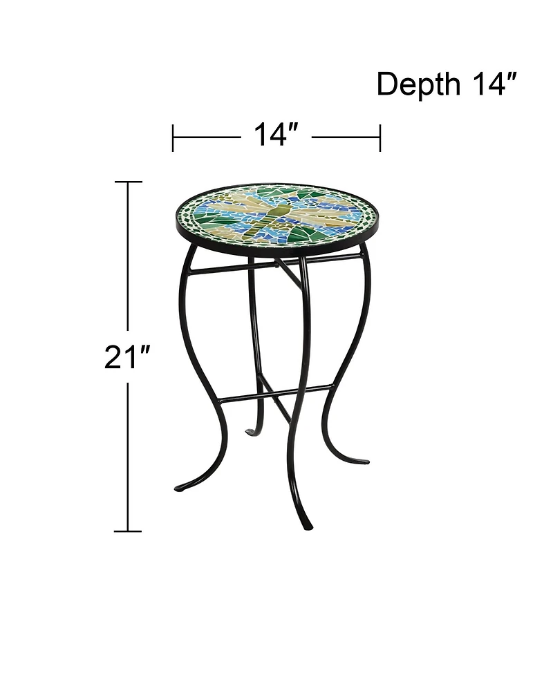 Dragonfly Modern Black Metal Round Outdoor Accent Side Table 14" Wide Blue Green Mosaic Tile Inlay Tabletop Gracefully Curved Legs for Spaces Porch Pa
