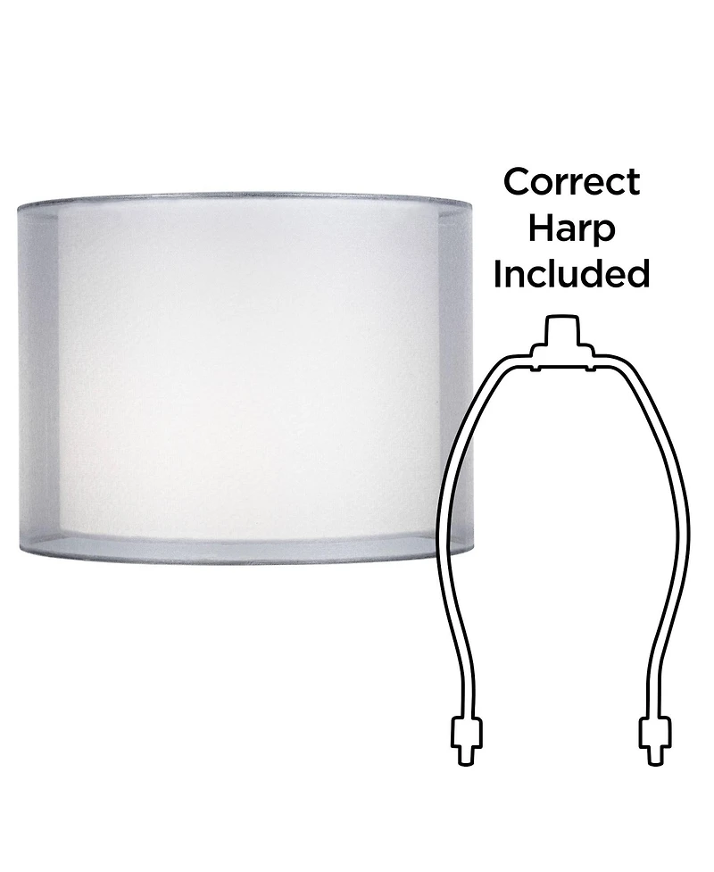 Springcrest Silver and White Double Sheer Small Drum Lamp Shade 12" Top x 12" Bottom x 9" High (Spider) Replacement with Harp and Finia