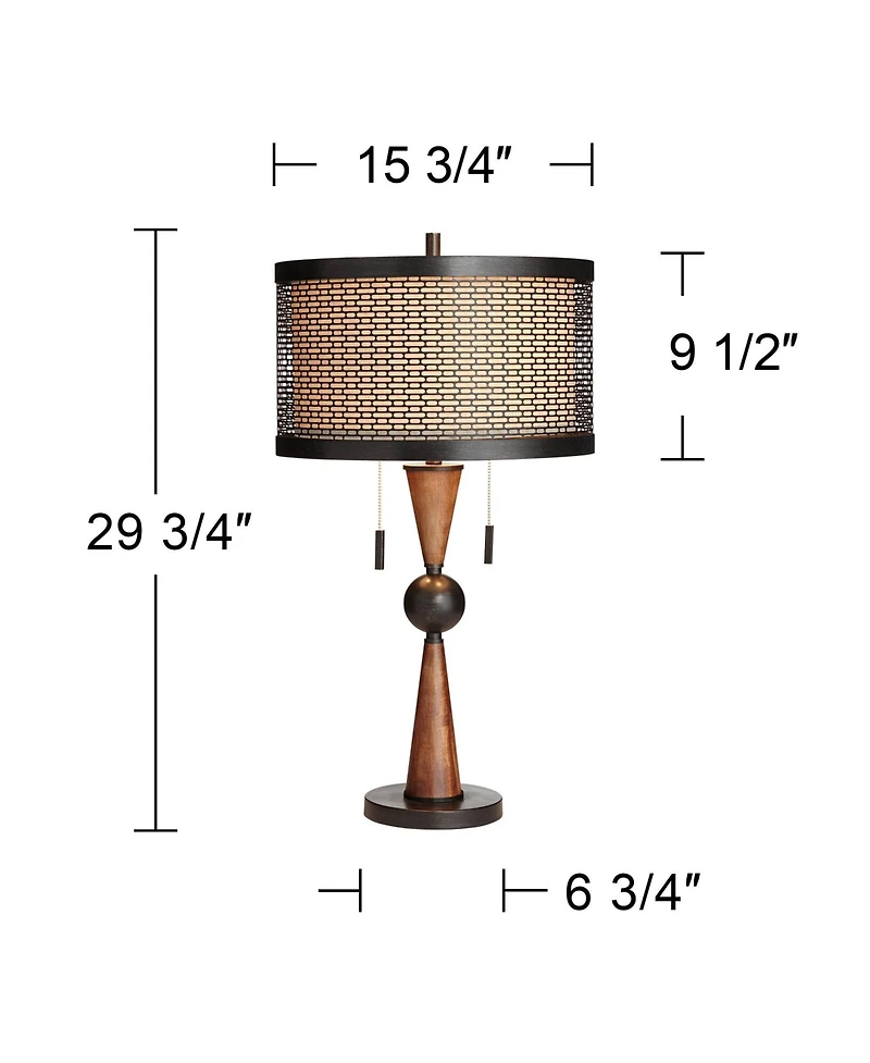 Franklin Iron Works Hunter Modern Rustic Farmhouse Table Lamp 29 3/4" Tall Cherry Wood Bronze Metal Double Drum Shade for Bedroom Living Room Hou