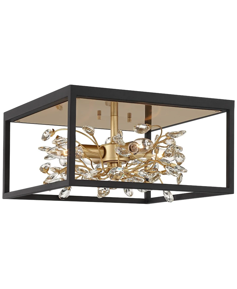 Possini Euro Design Carrine Modern Ceiling Light Flush Mount Fixture 14 1/4" Wide Black Gold 4-Light Clear Crystal for Bedroom Kitchen Living Roo
