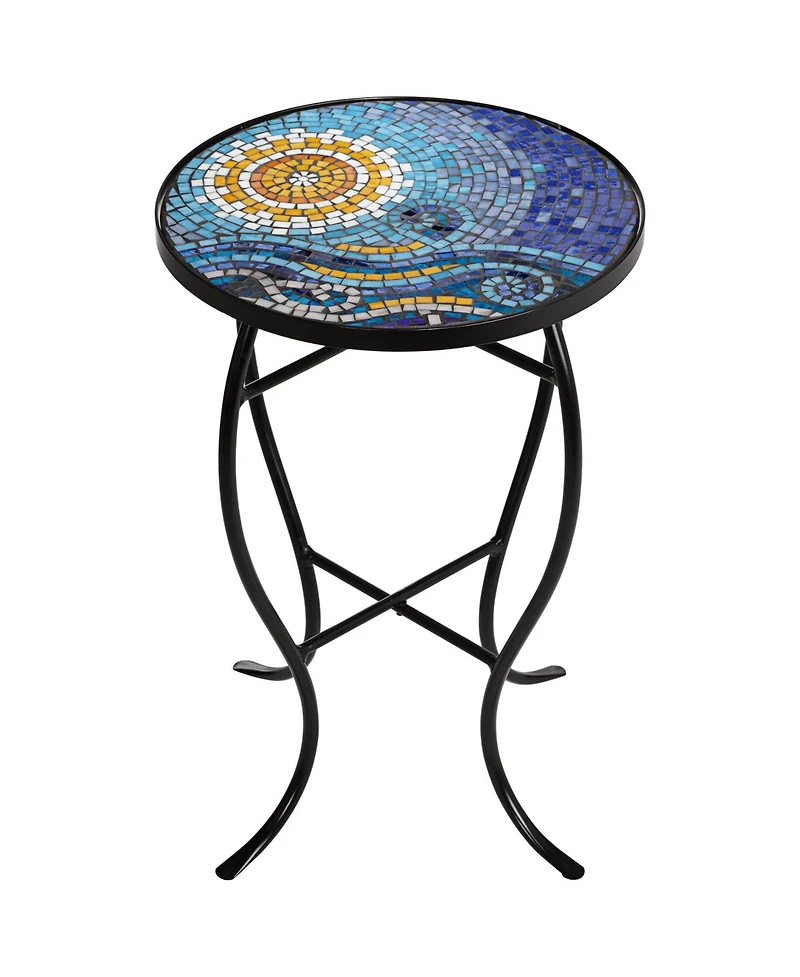 Teal Island Designs Modern Black Round Outdoor Accent Side Tables 14" Wide Set of 2 Blue Mosaic Tabletop for Front Porch Patio Home House