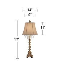 Barnes and Ivy Duval Traditional Table Lamp 33" Tall Aged Gold Candlestick Crystal Fabric Bell Shade for Bedroom Living Room Bedside Office Famil