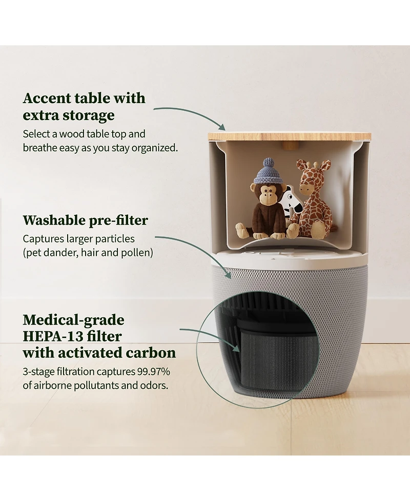 Bloom Air Purifier, Smart Hepa-13 Medical-Grade Filtration, Large Rooms (1,517 Sq. Ft.) with Oak Accent Table